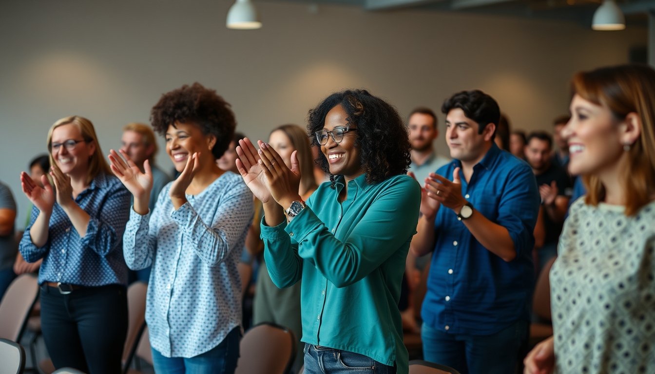 Happy people clapping and supporting each other in a workshop setting.