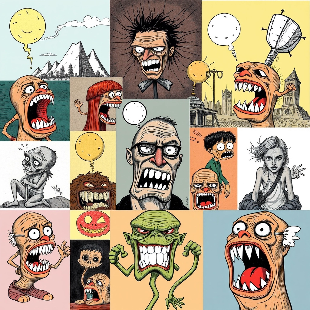 Collage of different crazy terrible illustrations.