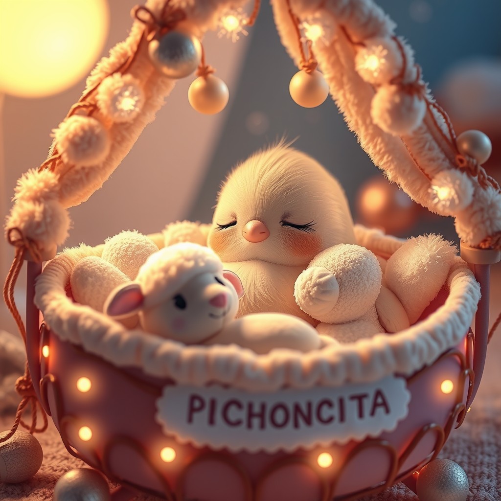 It's nighttime. A sweet, delicate, cute Kawaii little bird with a small, rounded beak is sound asleep in its precious little bed adorned with tiny jingle bells, fluffy decorations, soft lights, and childish details with the name PICHONCITA written on it, snuggled up with a tiny, friendly stuffed sheep. - Image