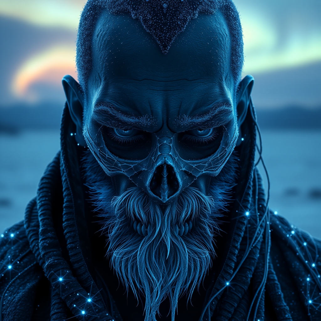 A symmetric portrait of a male, evil frozen necromancer, features dissolving into frozen magic thin, luminescent blue lines. Weighted Voronoi stippling and laser caustics create a network, transitioning from hyperrealistic detail to abstract, quantum-inspired forms. Ethereal hues blend, evoking existential transition and mystery. Close-up on face, evil skull partially visible. Set against a twilight arctic backdrop, icy winds ripple through his tattered robes. Rendered in a fusion of photorealism and digital surrealism, the scene is illuminated by ghostly Northern Lights. Emphasis on cold, menacing atmosphere, invoking Nordic myths.