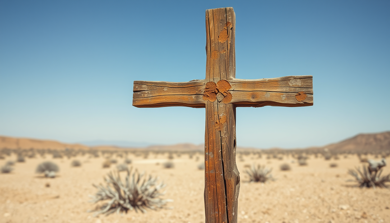 a wooden cross that has bad fungal degradation. The cross is standing in a barren desert landscape. The overall feel is depressing and desolation.