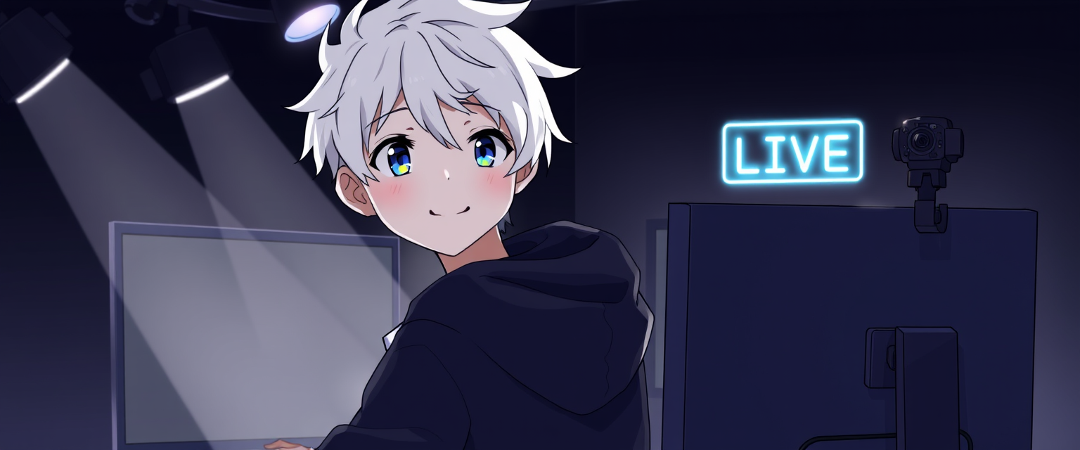 Anime-style drawing of a boy with white hair, smiling, wearing a black hoodie in a gamer setup with spotlights in front, looking at two monitors with black screens in a black room with few white neon lights and one small white sign that says ON LIVE in the upper right corner, with one podcast-style microphone and one camera on top of a monitor on his right side.