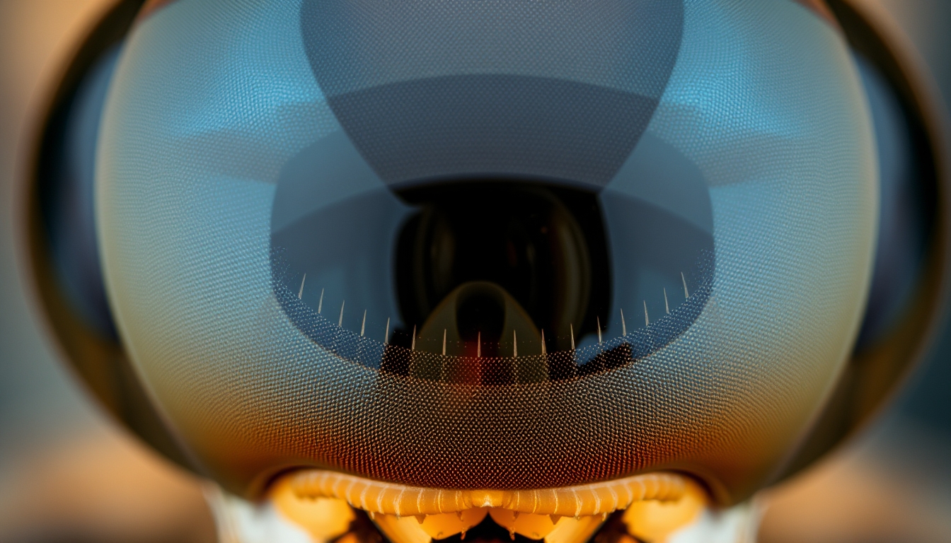 Ultra-detailed macro image of a dragonfly's compound eye, hundreds of perfectly aligned ommatidia visible, reflections of surrounding environment in each facet, shot on professional DSLR camera.