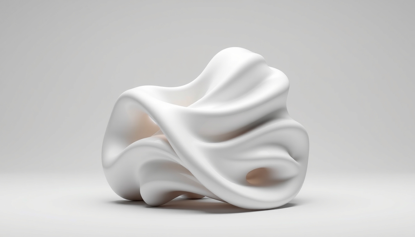 A 3D render of a digital sculpture with smooth, flowing forms, set against a minimalist background with soft lighting.