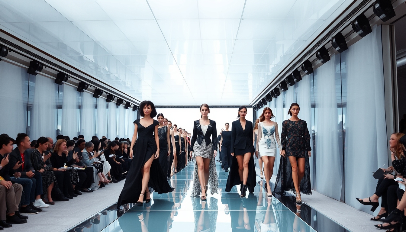 A high-end fashion show with models walking down a glass runway. - Image