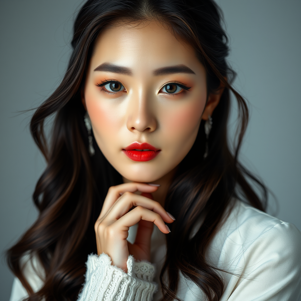 Graceful Korean model, exuding charm and poise, captured in a high-fashion photography setting that harmoniously combines artistic elements with a touch of allure. The image highlights a refined presentation of elegance, featuring high-definition textures and meticulous lighting, showcased in an elegant aspect ratio, full-body, snow white.