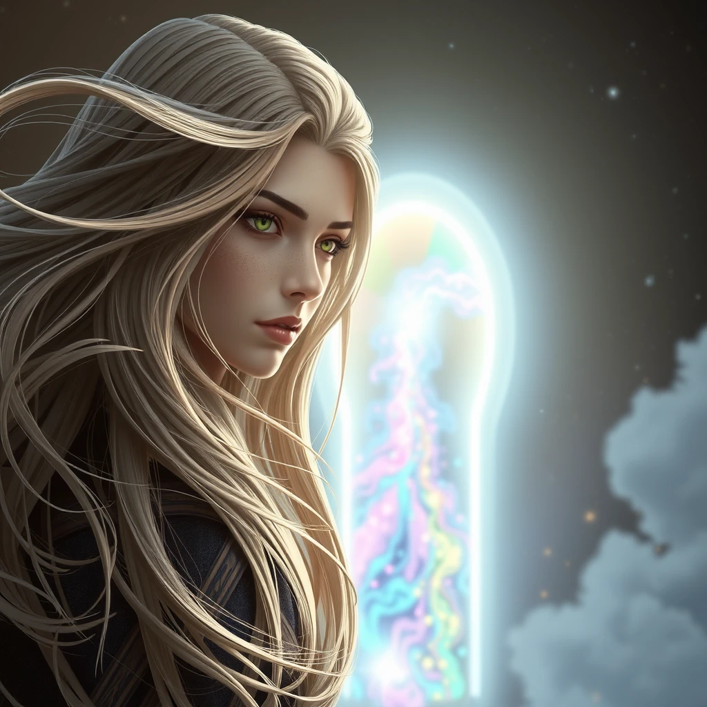 Her long hair swayed in the wind, and her gaze was firm and sharp. Suddenly, a portal shining with a strange light appeared in the space ahead, containing a colorful flow of energy.. Picas style, 3D rendering, ultra-high definition picture quality, 38k, - niji 6.