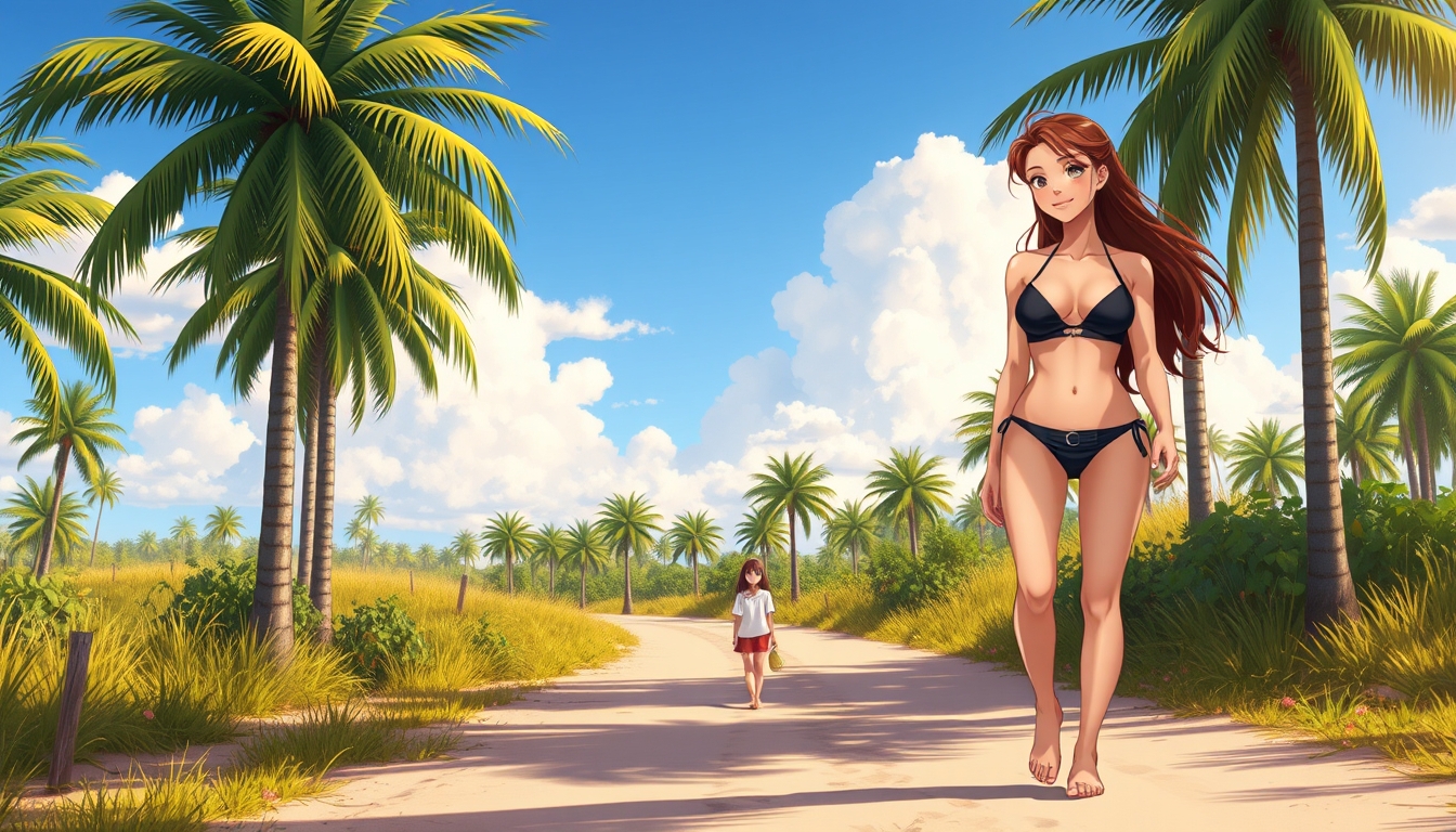 Anime background, a beautiful Caucasian brunette girl with long hair wearing a black bikini walking on a sandy country road, palm trees, barefoot, smiling, model body type. - Image