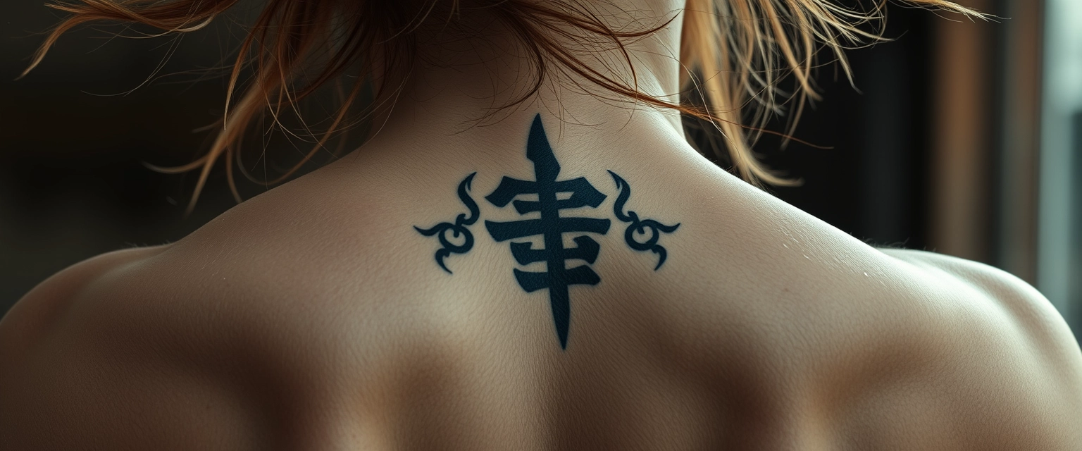 Close-up view of the tattooed back of the neck of a muscular Indian-Korean woman with white skin, her hair flying and sweating.