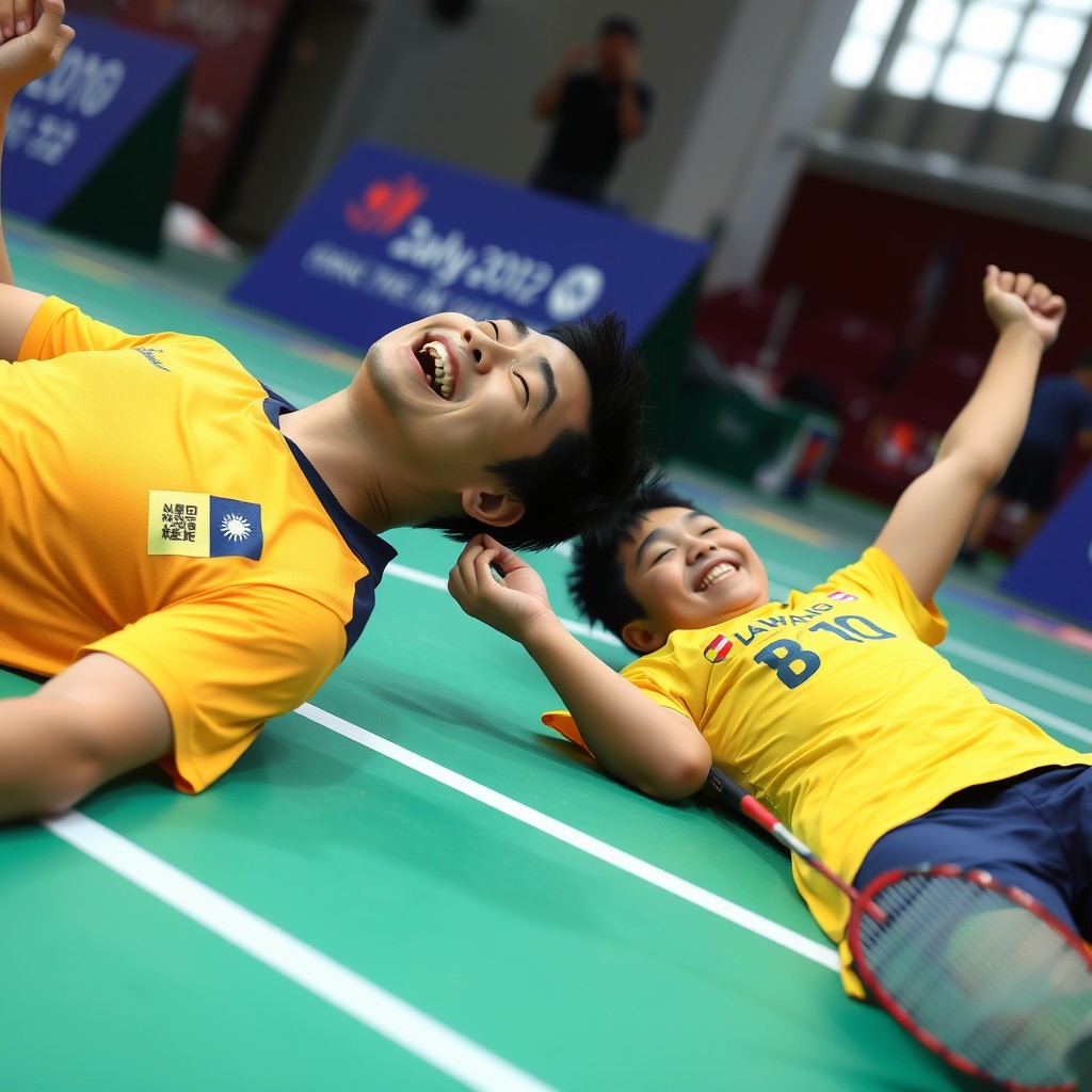 A Taiwanese man celebrates the moment of victory in Olympic badminton doubles, one lying on the court and the other happily laying on the court, wearing a yellow jersey.