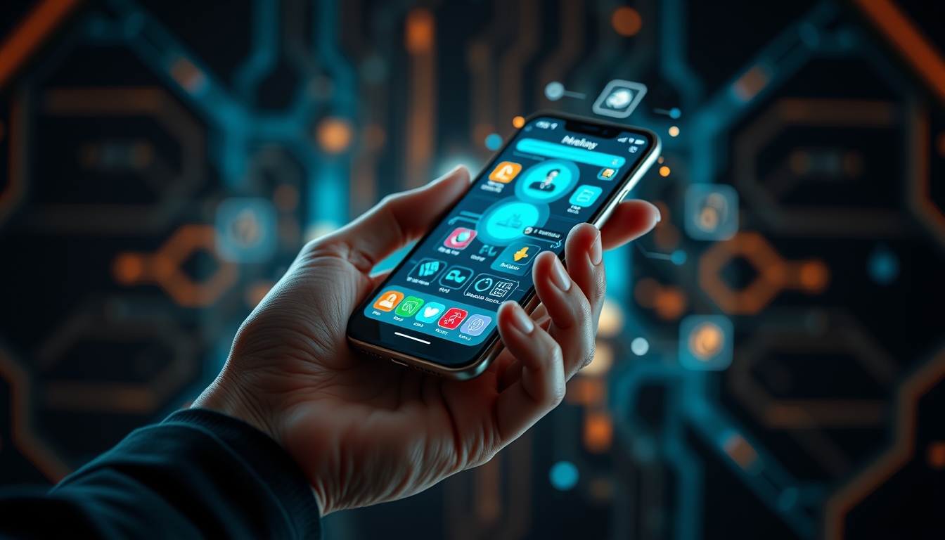 A close-up of a hand holding a futuristic smartphone, with holographic interfaces and glowing icons, set against a dark, tech-inspired background. - Image