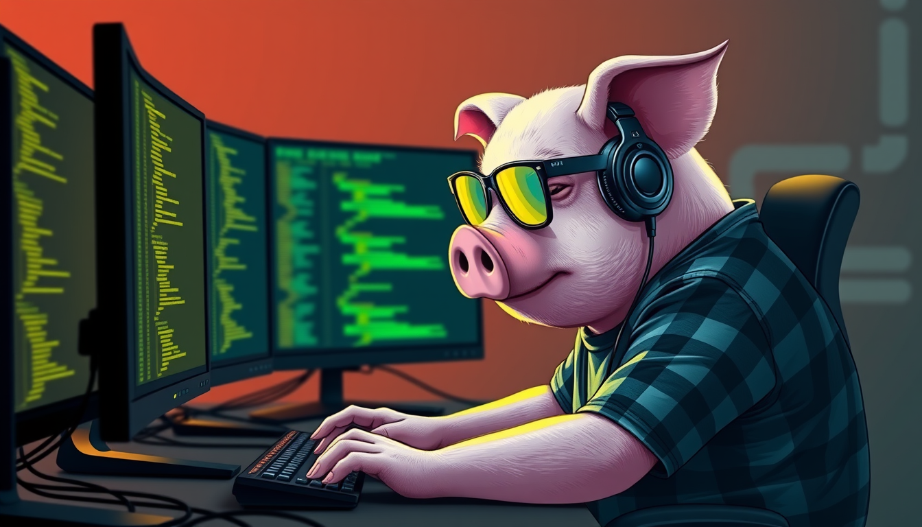 A tech-savvy pig coder, wearing yellow-tinted glasses and sleek noise-cancelling headphones, hunches over a cutting-edge multi-monitor setup. The anthropomorphic pig exudes focus, typing furiously while wearing a plaid t-shirt. - Image