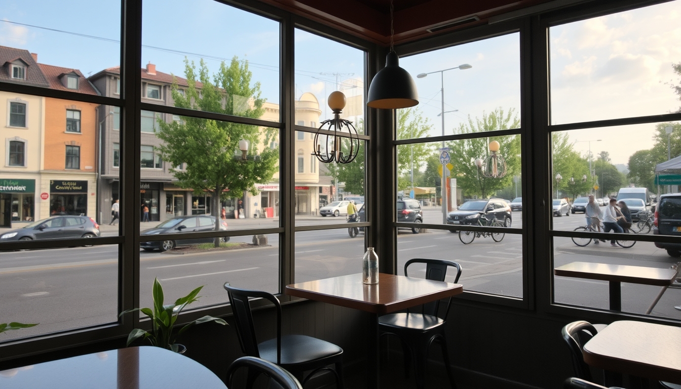 A cozy café with glass walls, offering a panoramic view of a bustling street.