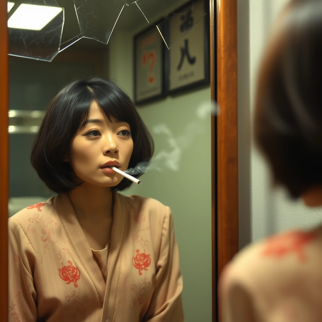 A Japanese woman is smoking and looking in the mirror; it is a full-length mirror with cracks. - Image