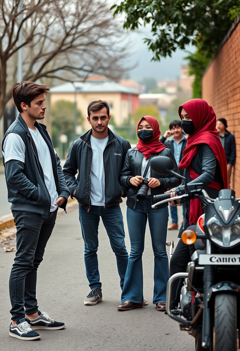 Jamie Dornan and Freddie Prinze, head and body shot, handsome, young, serious face, dark brown hair, white t-shirt, college jacket, skinny jeans, sneakers, standing, discussing with two guys and a Muslim girl with a short red hijab, beautiful eyes, black face mask, black leather jacket, bell-bottom cutting jeans, holding a Canon DSLR camera, near a town road, superbike, hyper-realistic, street photography, brick wall, full-body photo, five other random smiling friends in the back. - Image