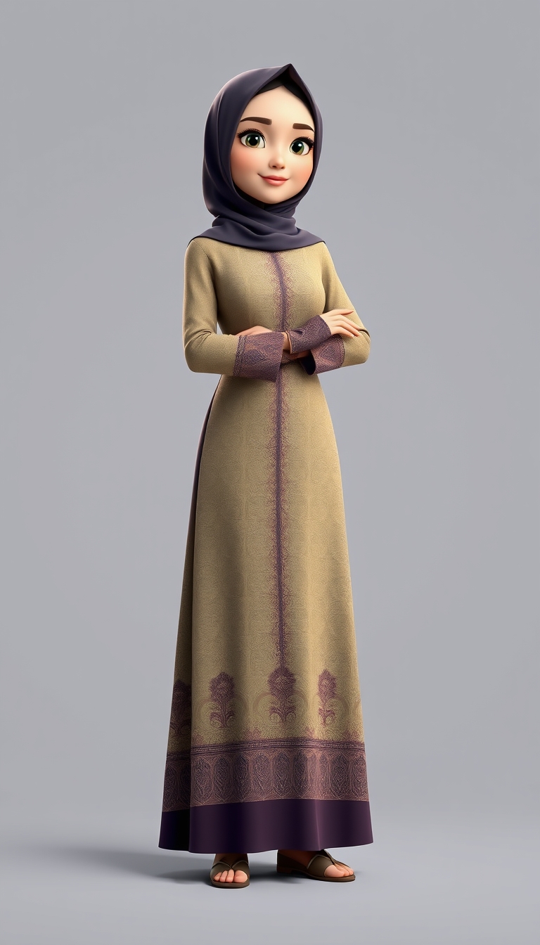 "Create a 3D, 8K animated cartoon of a Muslim woman from Palembang wearing a long traditional songket dress. She should have her hands covered with batik gloves. The image should capture the elegance and cultural richness of the attire."