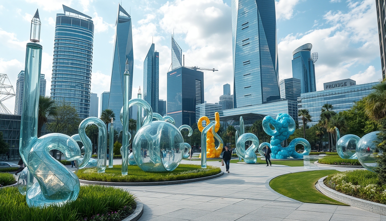 A futuristic city park with glass sculptures and interactive installations.