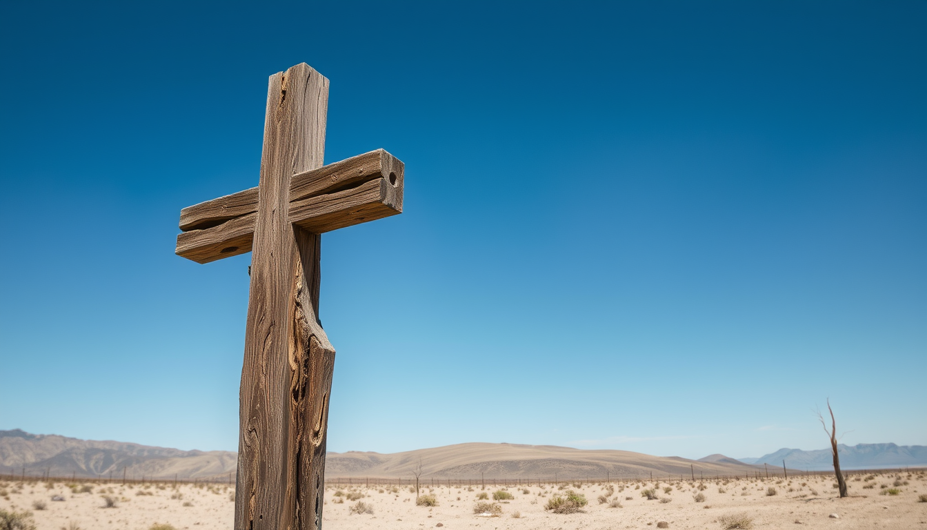 A wooden cross that is in bad shape and crumbling with bad fungal degradation, wet rot and dry rot. The cross is standing in a barren desert landscape. The overall feel is depressing and desolation. - Image