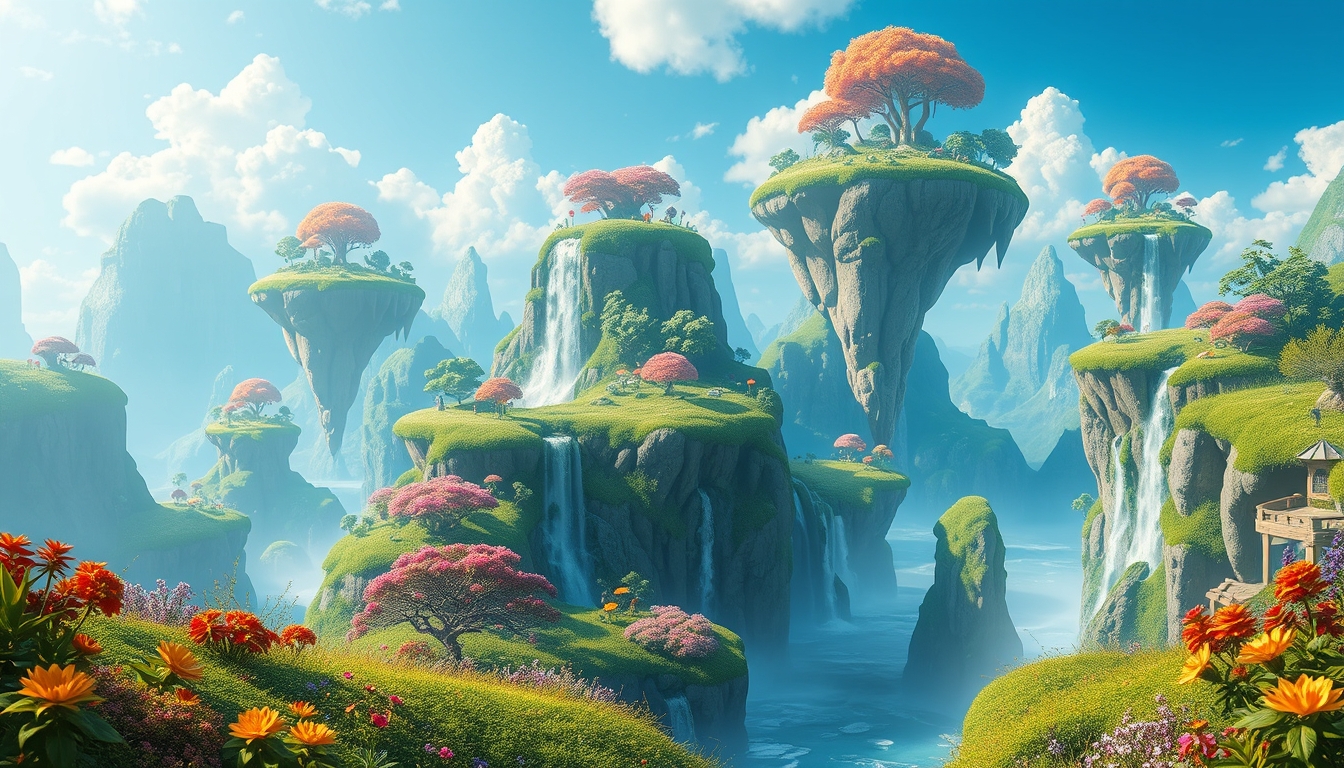 A surreal digital landscape with floating islands, cascading waterfalls, and vibrant flora, creating a dreamlike scene. - Image