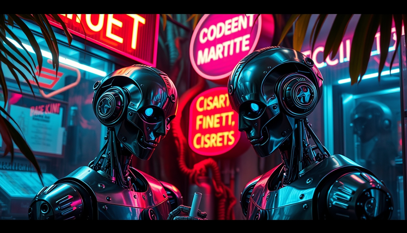 A detailed shot of the robots selling cigarettes in kiosks made from metallic and glass materials under vibrant neon-lit signs. The robots have human-like features, emphasizing a bizarre yet fascinating contrast with their natural surroundings. Surreal and vivid, combining the raw, untamed beauty of the Amazon Jungle with otherworldly psychedelic visuals and futuristic, neon-lit cyberpunk elements.