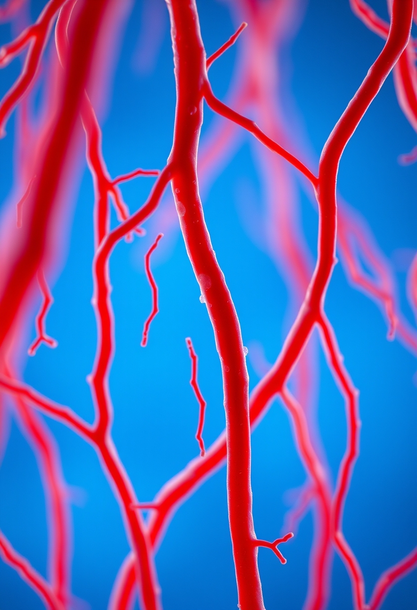 A close-up of red blood vessels with a blue background. - Image