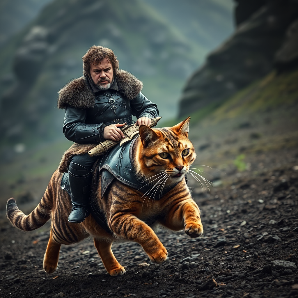 Peter Dinklage sitting on top of a cat, riding the cat into battle. The cat is wearing armor and running, professional photo, battle cat, Game of Thrones cinematic shot.