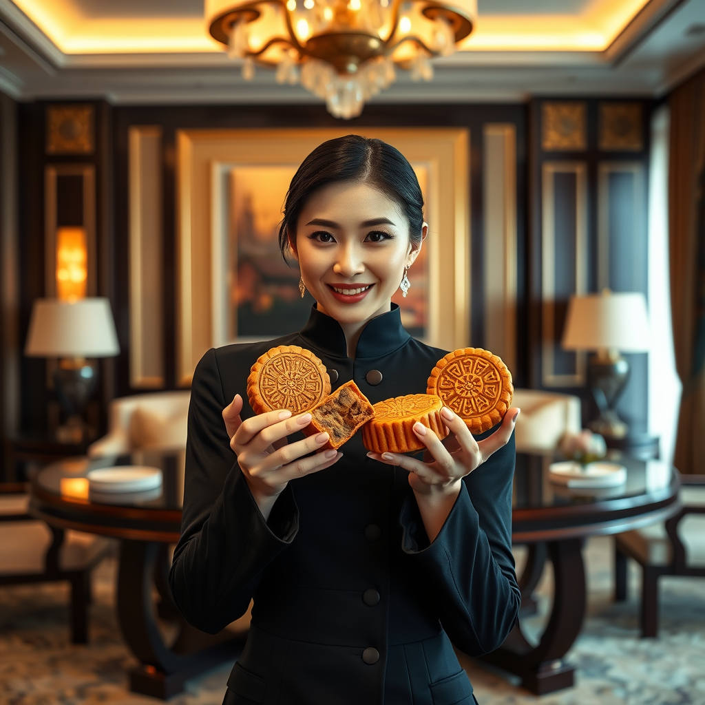 In a luxurious presidential suite, a Chinese model elegantly showcases mooncakes, the traditional delicacies, against a backdrop of opulence, her poised demeanor and the rich cultural heritage of the pastries perfectly captured for a promotional campaign that entices buyers with a blend of modern allure and ancient charm.