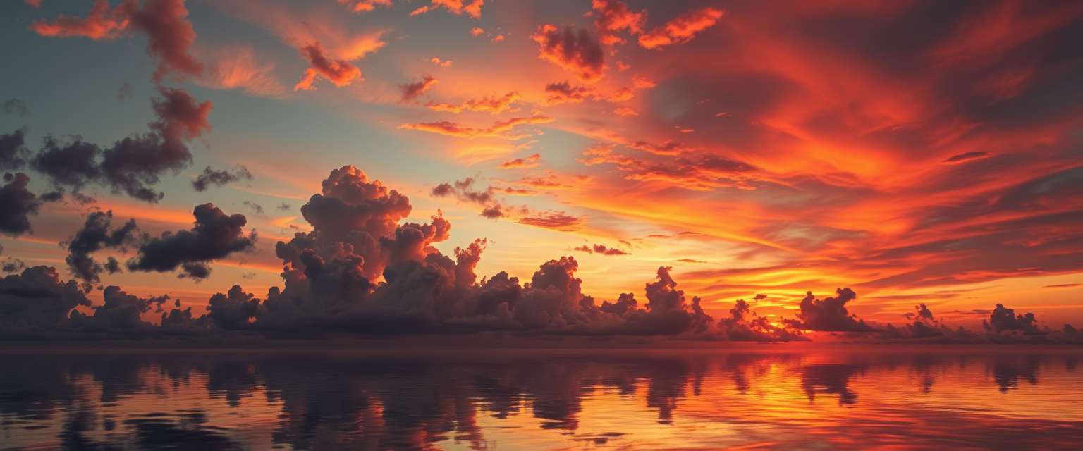 fiery sunset, clouds, high quality, photorealistic, evening sky, reflection, serene, seashells - Image