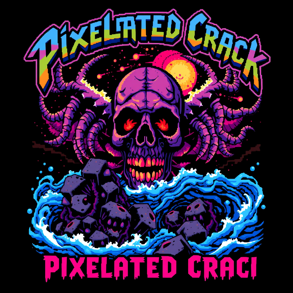 T-shirt design featuring a blocky, colorful 8-bit style of death metal combined with chiptune. The visual should be unique and striking, embodying both macabre elements and beauty. The band name is "Pixelated Crack," and the scene is inspired by the deep sea. - Image