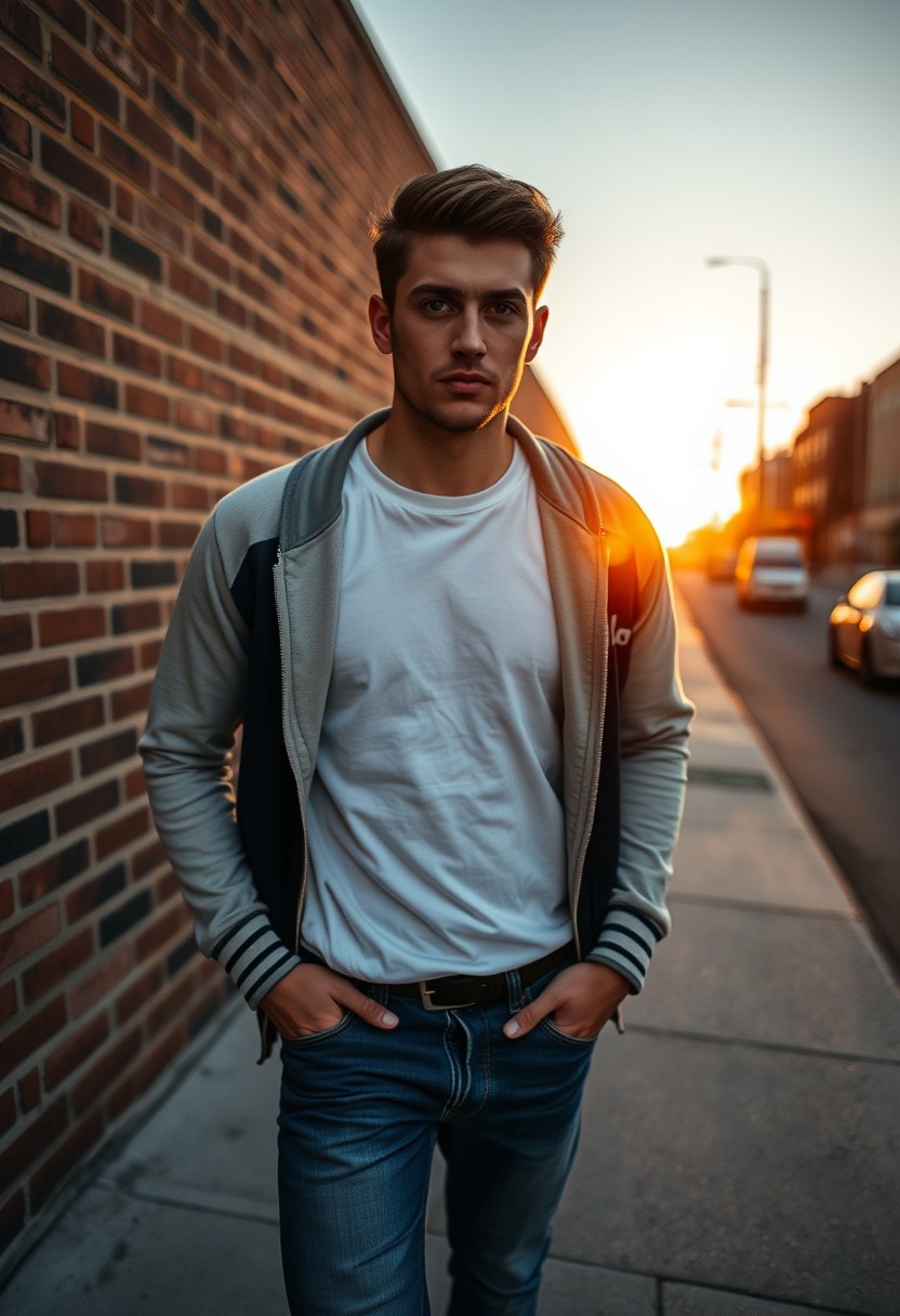 Freddie Prinze head and body shot, handsome, young, serious face, white T-shirt, college jacket, skinny jeans, sneakers, walking hot style, hyper-realistic, street photography, brick wall, full body photo, sunrise.