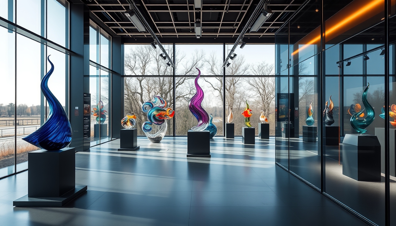 A modern art gallery with glass walls, showcasing contemporary glass sculptures. - Image