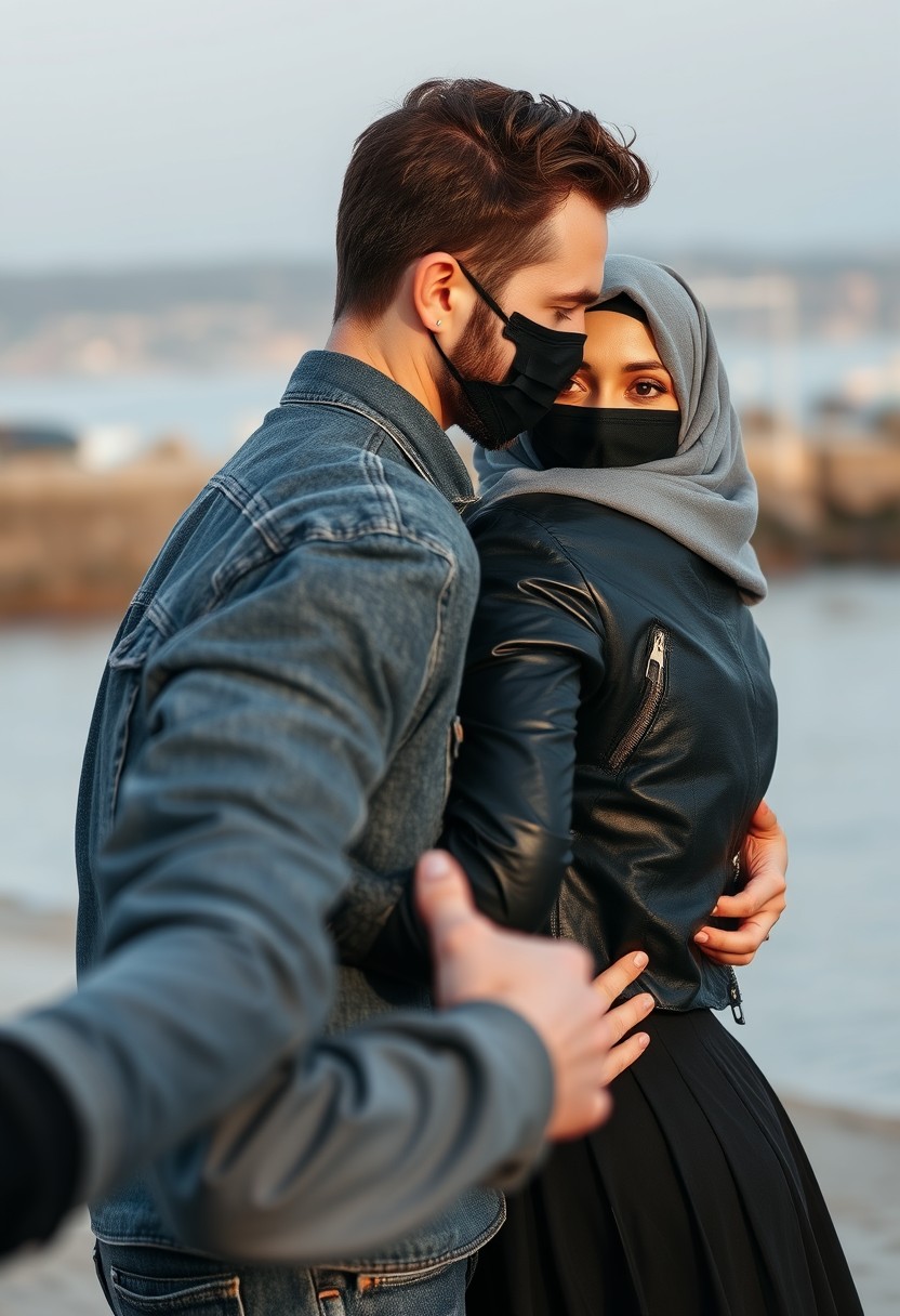 Jamie Dornan's head and body shot, handsome, black face mask, denim jacket, jeans, dating, love couple, hugging from behind, with the biggest gray hijab Muslim girl, black face mask, beautiful eyes, black leather jacket, largest skirt, at the beach, hyper-realistic, street photography, selfie. - Image