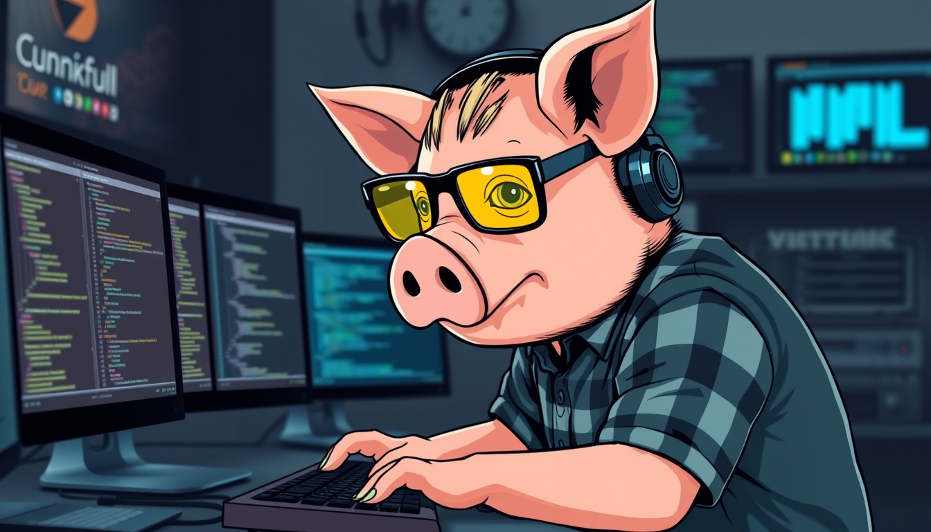 A tech-savvy pig coder, wearing yellow-tinted glasses and sleek noise-cancelling headphones, hunches over a cutting-edge multi-monitor setup. The anthropomorphic pig exudes focus, typing furiously in a plaid t-shirt.