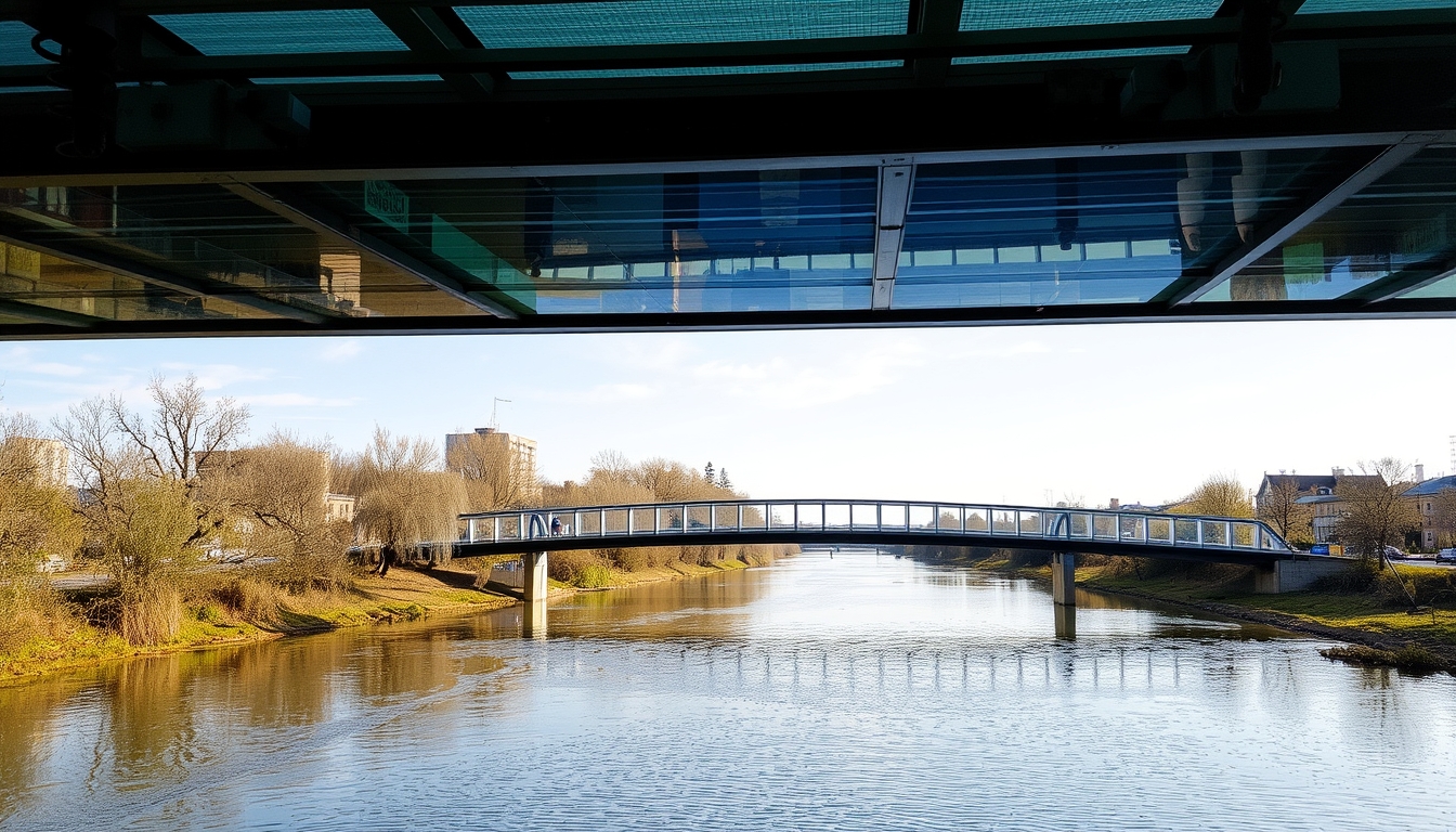 A serene river scene with a glass-bottomed bridge crossing over it.