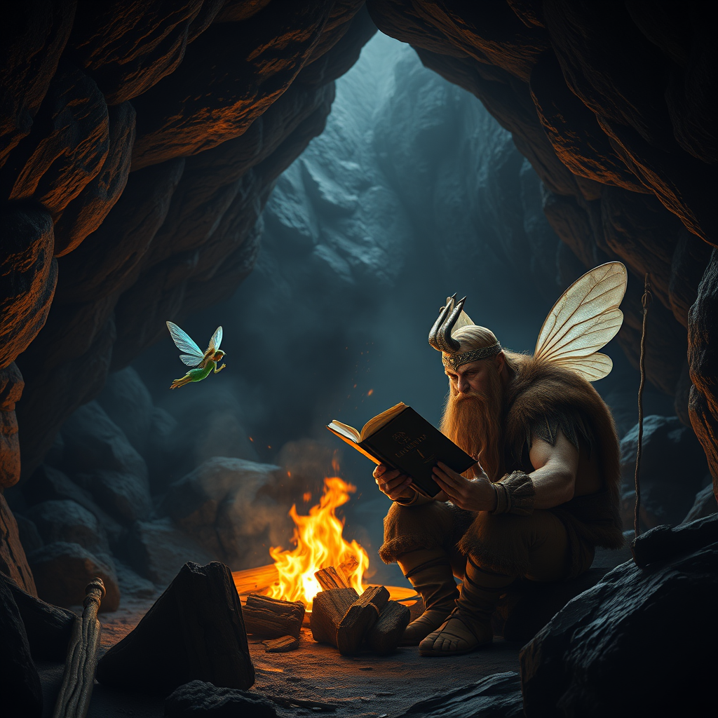 Real-life photography: At night, in the cave, there is a barbarian reading a book. The cave is very large, and there is a bonfire. A fairy is flying beside him. - Image