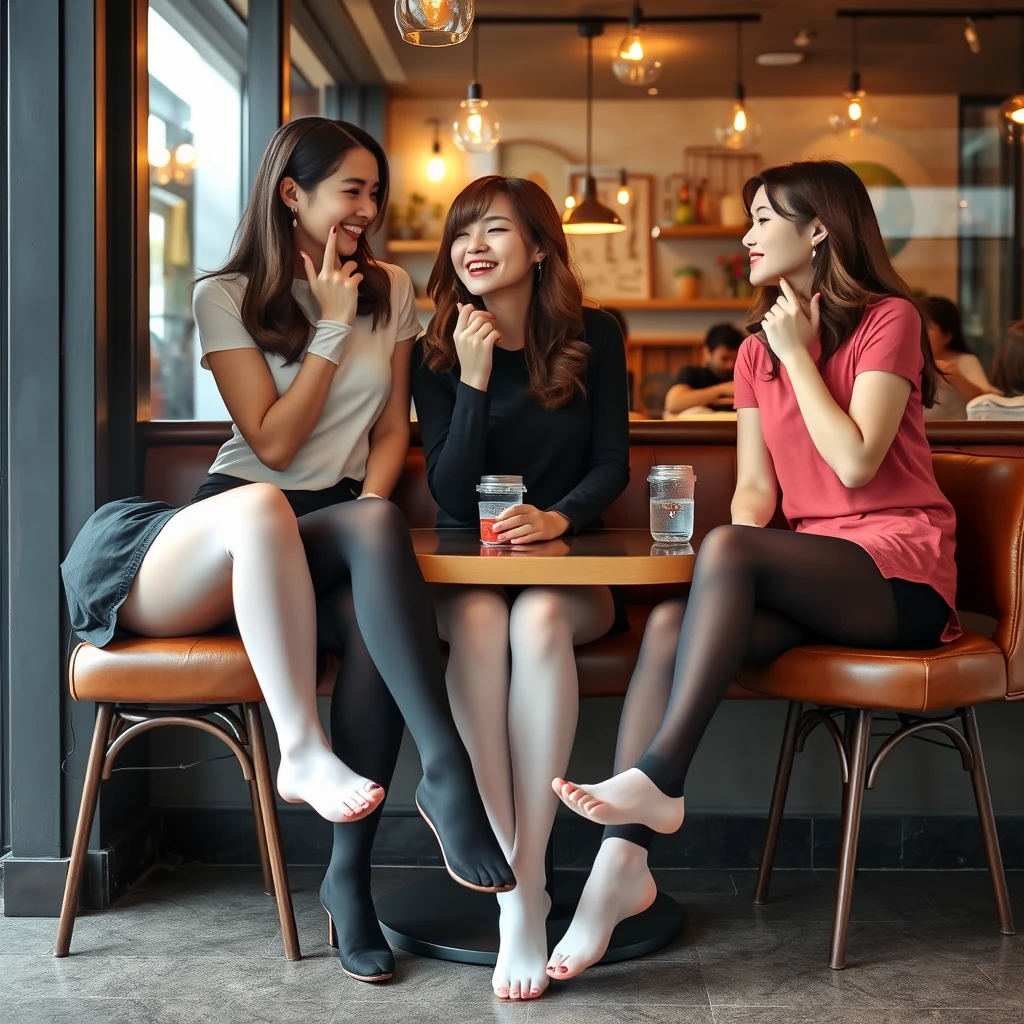 Three women wearing leggings and white and black stockings are facing each other, laughing and touching their feet while showing their tiptoes. They are wearing thin gloves and touching their lips. They are in a cozy café during a hot summer, depicted in a real photo style with an Asian aesthetic. - Image