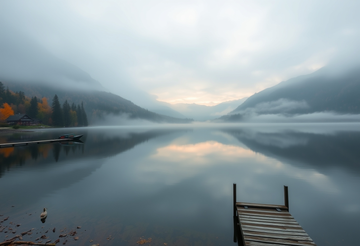 Tranquil, misty lake, surrounded by mountains, serene, high quality, photorealistic, reflection, peaceful, morning fog, autumn colors, breathtaking, idyllic::0.8 wooden pier, fishing boats, ducks, lakeside cabins, hiking trails, sunrise, sunset, misty mountains.