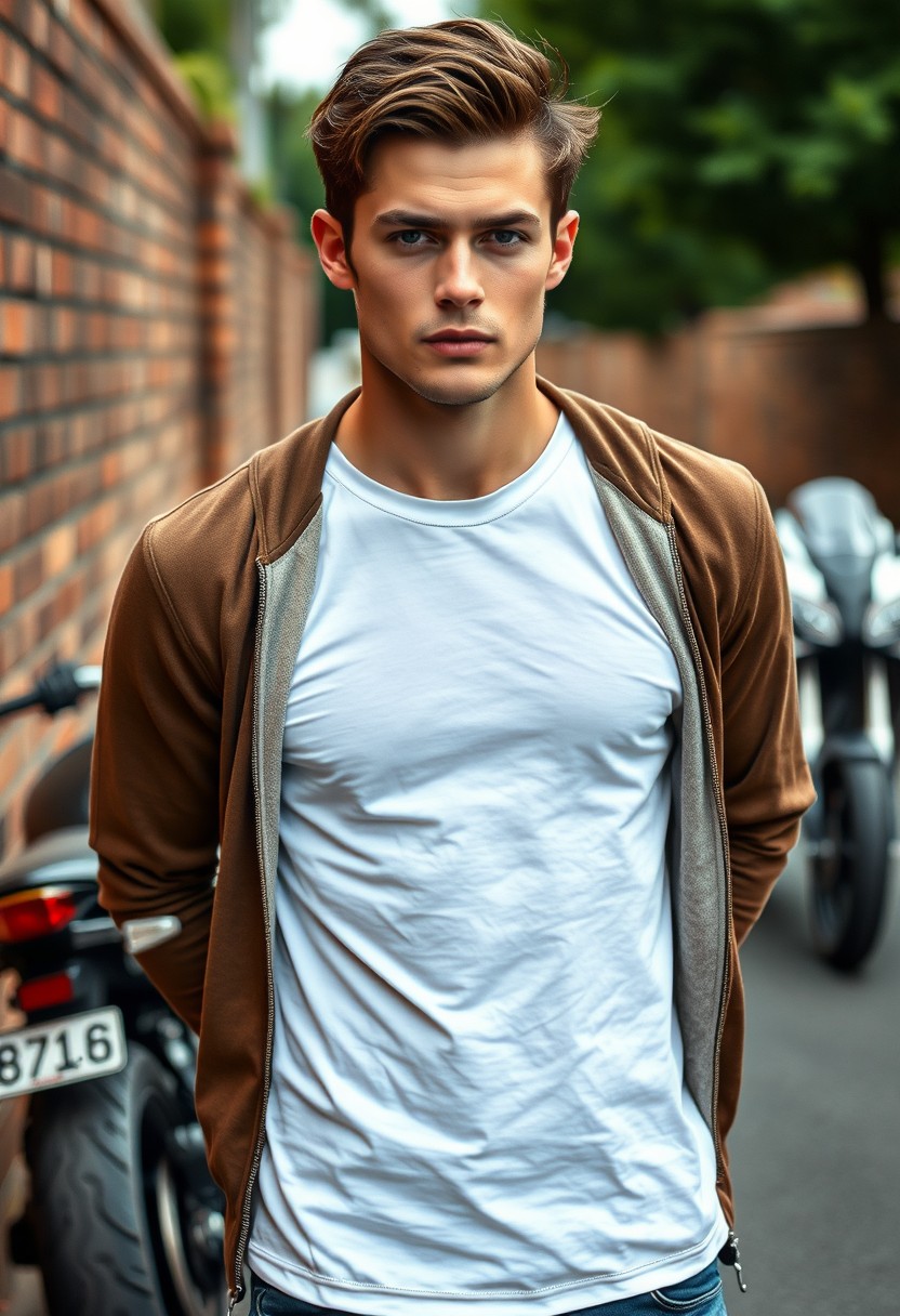 Jamie Dornan head and body shot, handsome, young, serious face, dark brown hair, white t-shirt, college jacket, skinny jeans, sneakers, standing in a hot style, near a town road, superbike, hyper-realistic, street photography, brick wall, full body photo. - Image