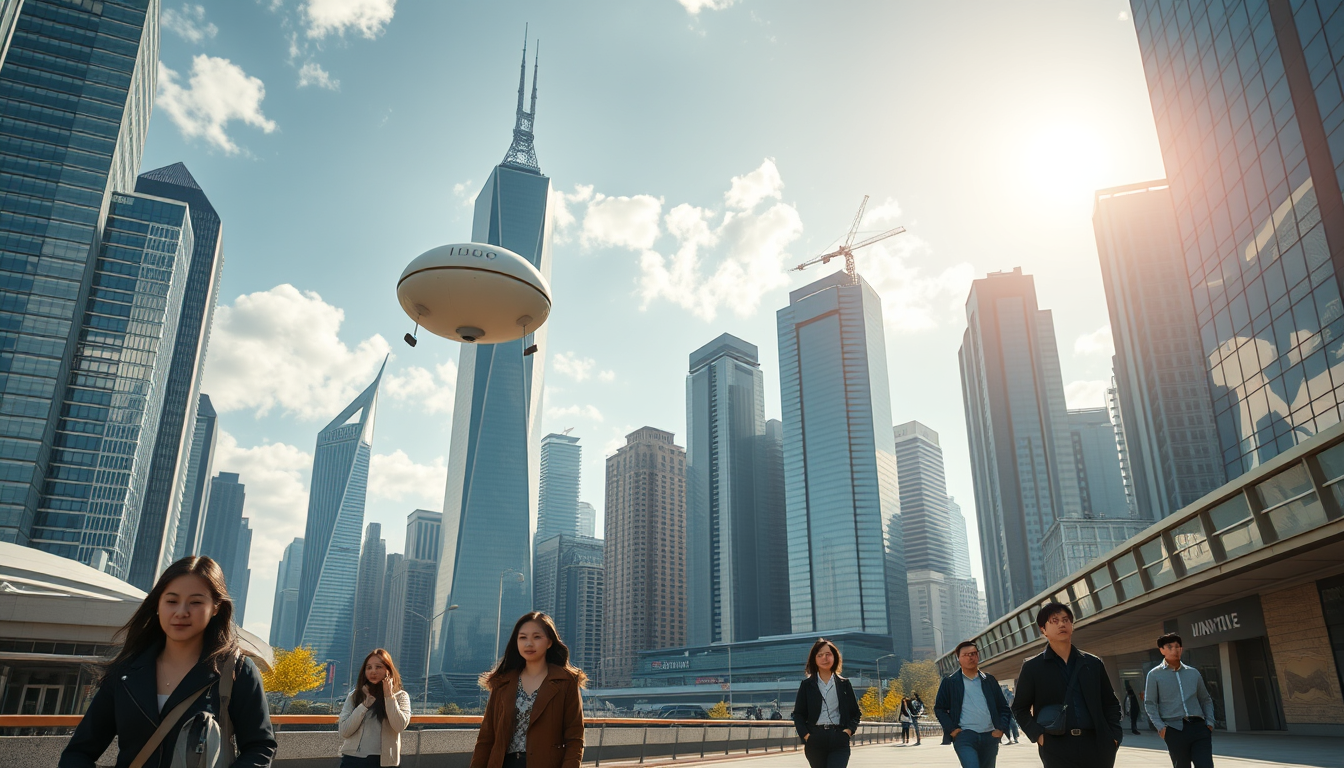 Create a stunning high-resolution image of the city of the future. The skyline should be filled with towering skyscrapers. Includes a light-colored oval balloon-type robot flying rapidly through the air with tiny black balancers on either side of the balloon. There are some people walking on the street, with Asian faces, wearing fashionable and avant-garde clothes, in a laid-back and pleasant atmosphere. The visual focus of the image highlights small balloon-type robots patrolling the air for safety, very beautiful clouds, and gorgeous sunlight reflecting off the glass surfaces of buildings, creating an atmosphere of excitement and innovation. Very sharp and realistic details, 32K, flat view. - Image