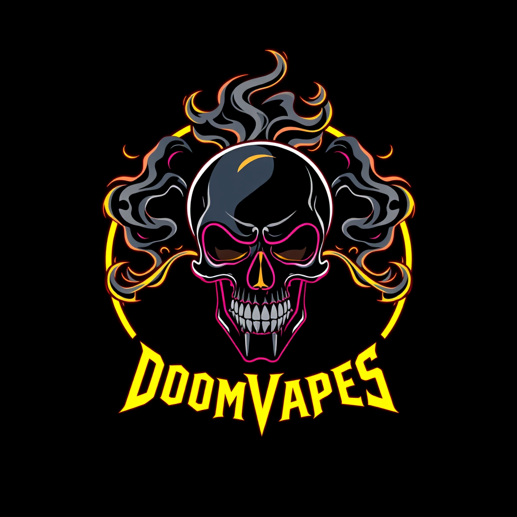 Logo for DoomVapes, a vape company, featuring a stylized skull exhaling intricate vapor clouds. Dark, gothic aesthetics with neon accents. Sleek, modern typography integrated into the design. Ominous yet alluring atmosphere. Balanced composition with skull centered. Cyberpunk-inspired elements. Matte black background.