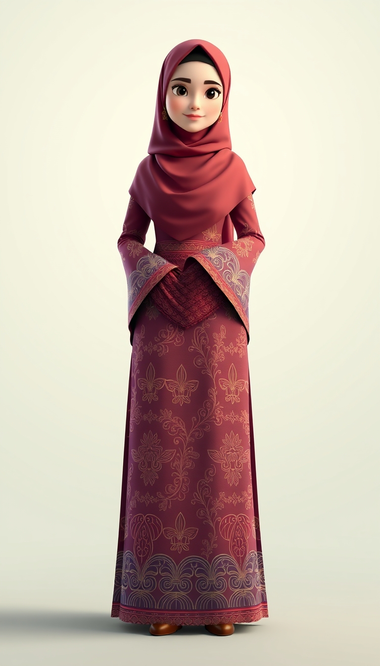 Create a 3D, 8K animated cartoon of a Muslim woman from Palembang wearing a long traditional songket dress. She should have her hands covered with batik gloves. The image should capture the elegance and cultural richness of the attire.