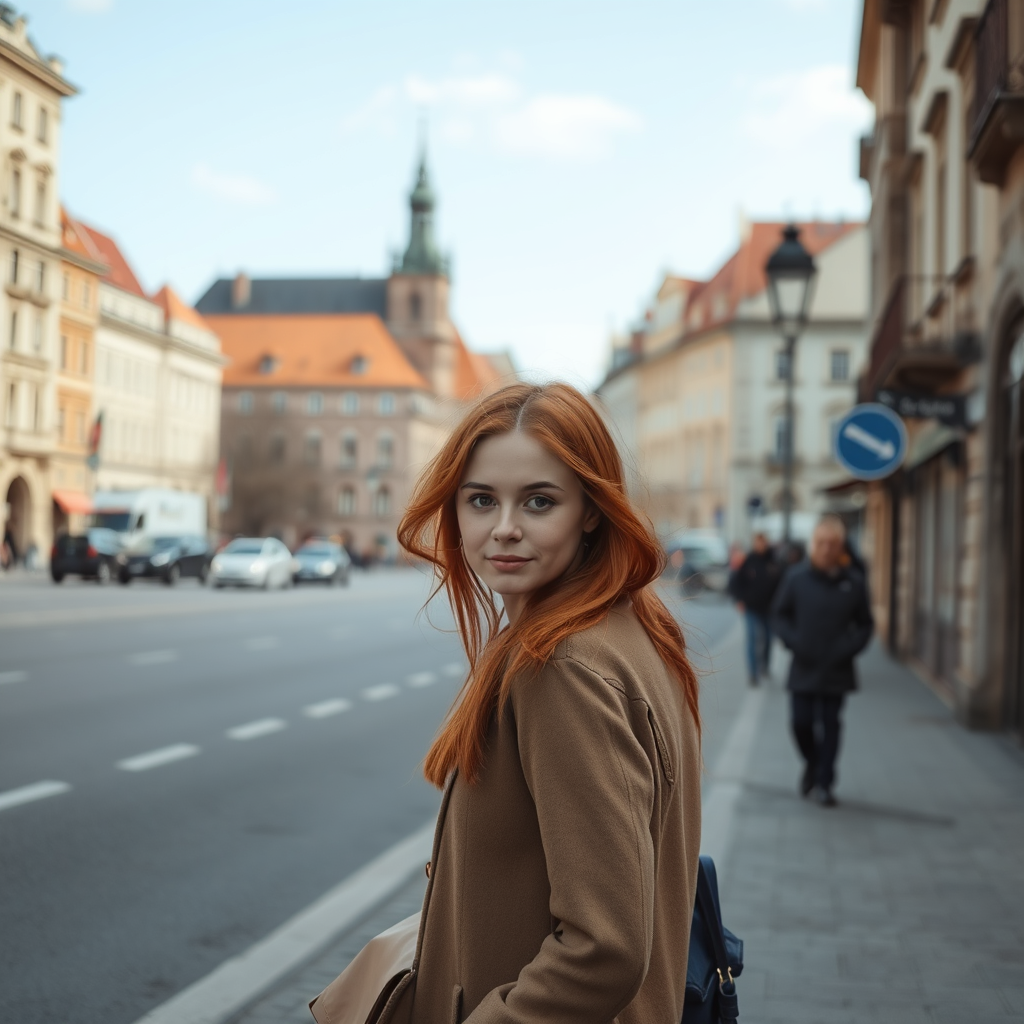 A girl of European appearance with red hair walks along a street in Prague.