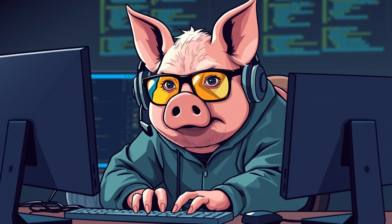 A tech-savvy pig coder, wearing yellow-tinted glasses and sleek noise-cancelling headphones, hunches over a cutting-edge multi-monitor setup. The anthropomorphic pig exudes focus, typing furiously.