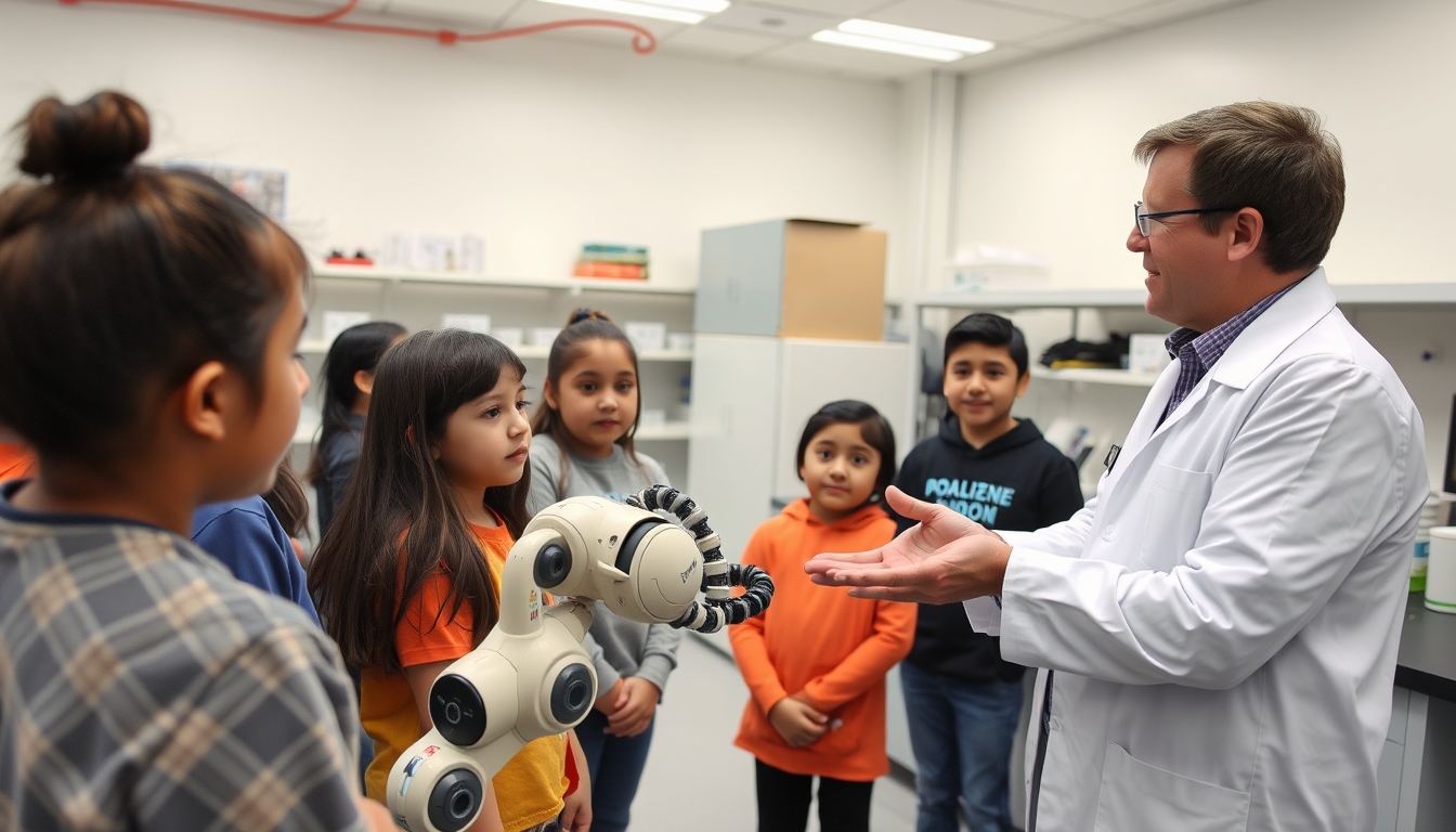 Field trip to a real robotics laboratory, encouraging children to pursue careers in robotics. A real scientist is speaking with young students, demonstrating a robotic arm.