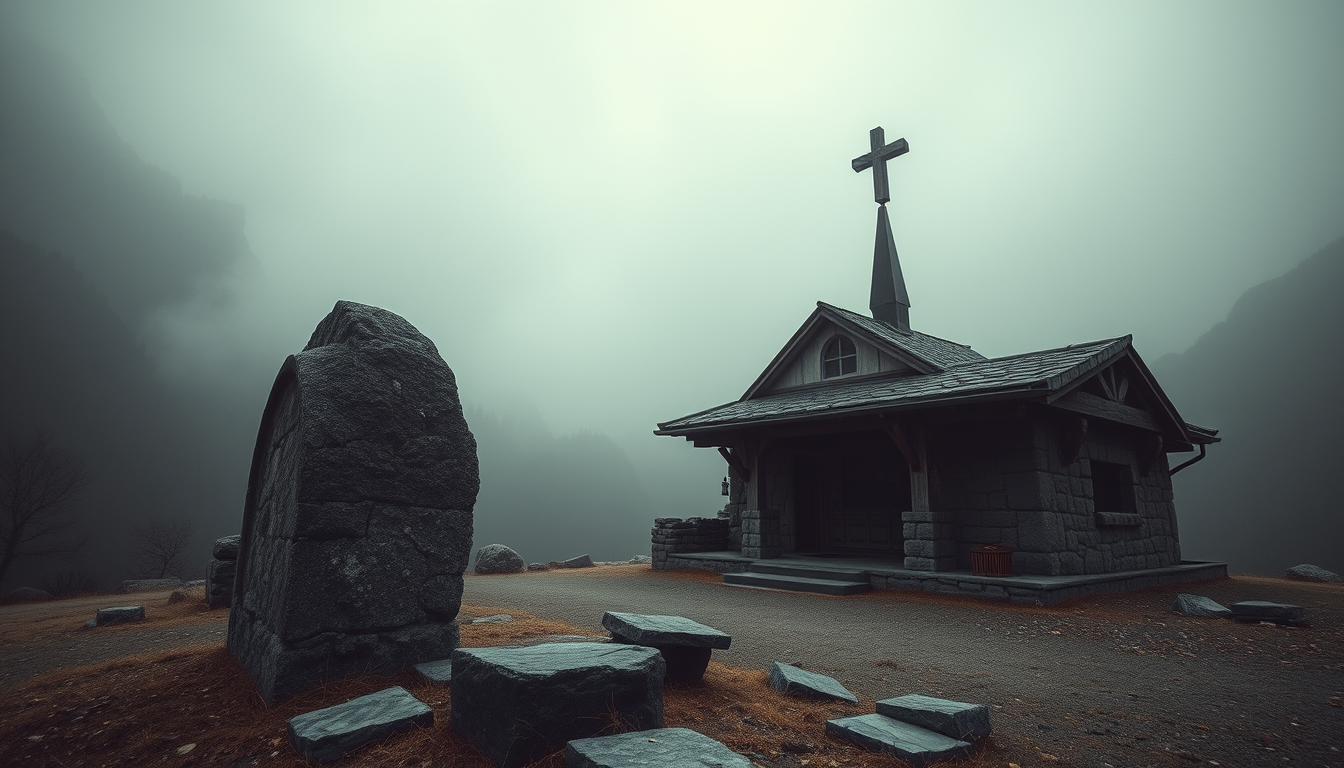 Photography of ancient place of worship, occult, stone, wooden charms, Dolomites in background, fog, desaturated, fog, dark, eerie, 1920s ghost photography.