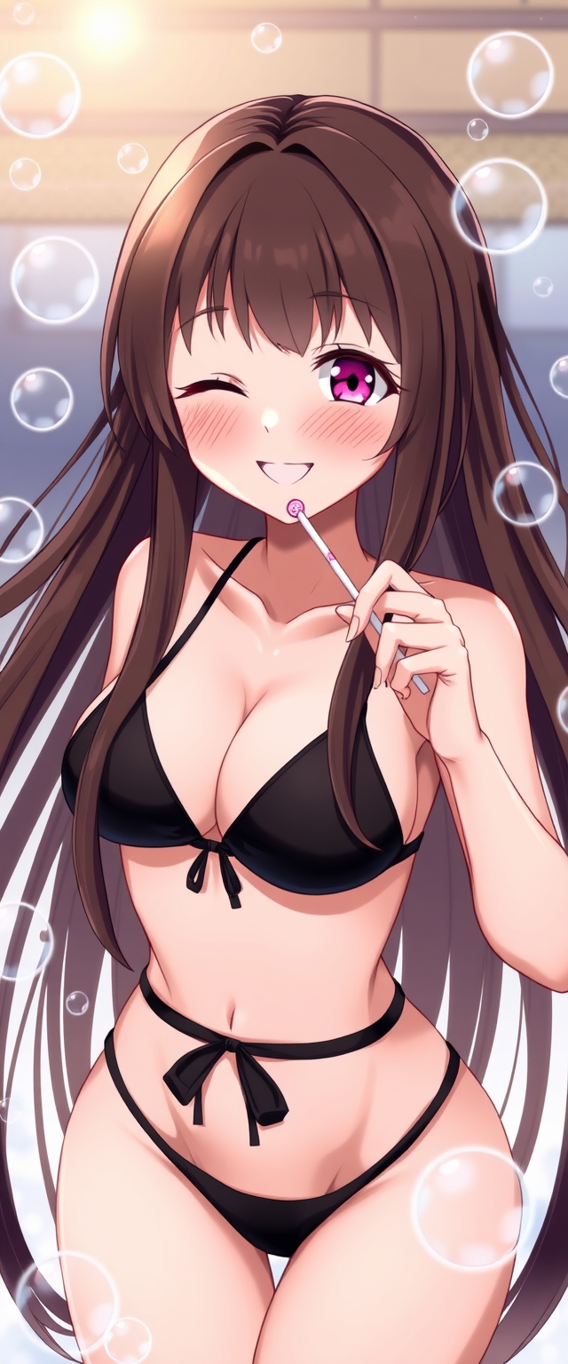 Anime style, a beautiful long-haired brunette Caucasian girl wearing a black bikini, smiling, winking, holding a lollipop, surrounded by bubbles.