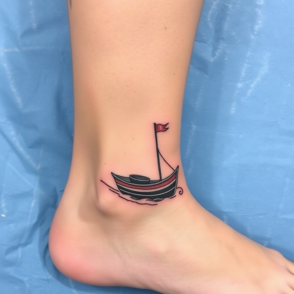 Tattoo image, outer side of the ankle, small boat - Image