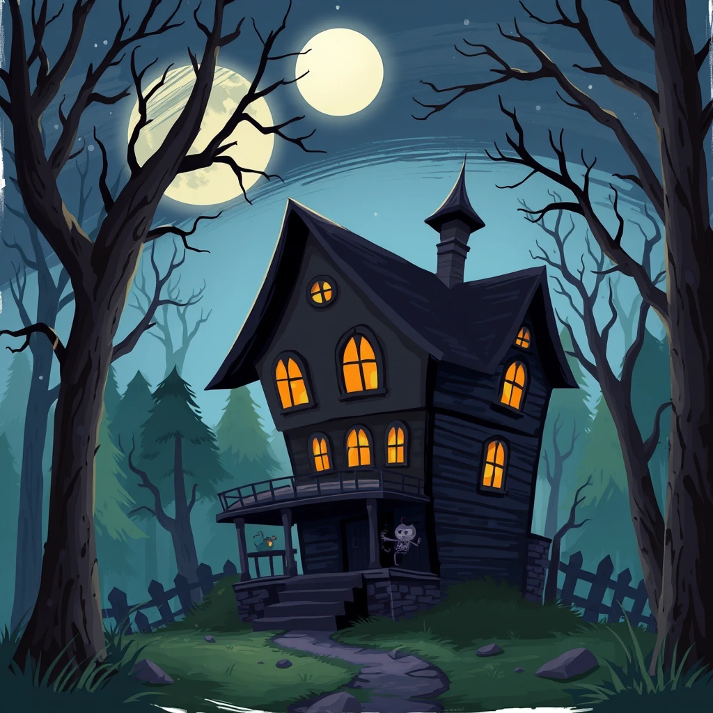 A spooky haunted house in the woods under moonlight, in the style of cartoon, concept art for a game background, digital painting done with brush strokes, cute. - Image