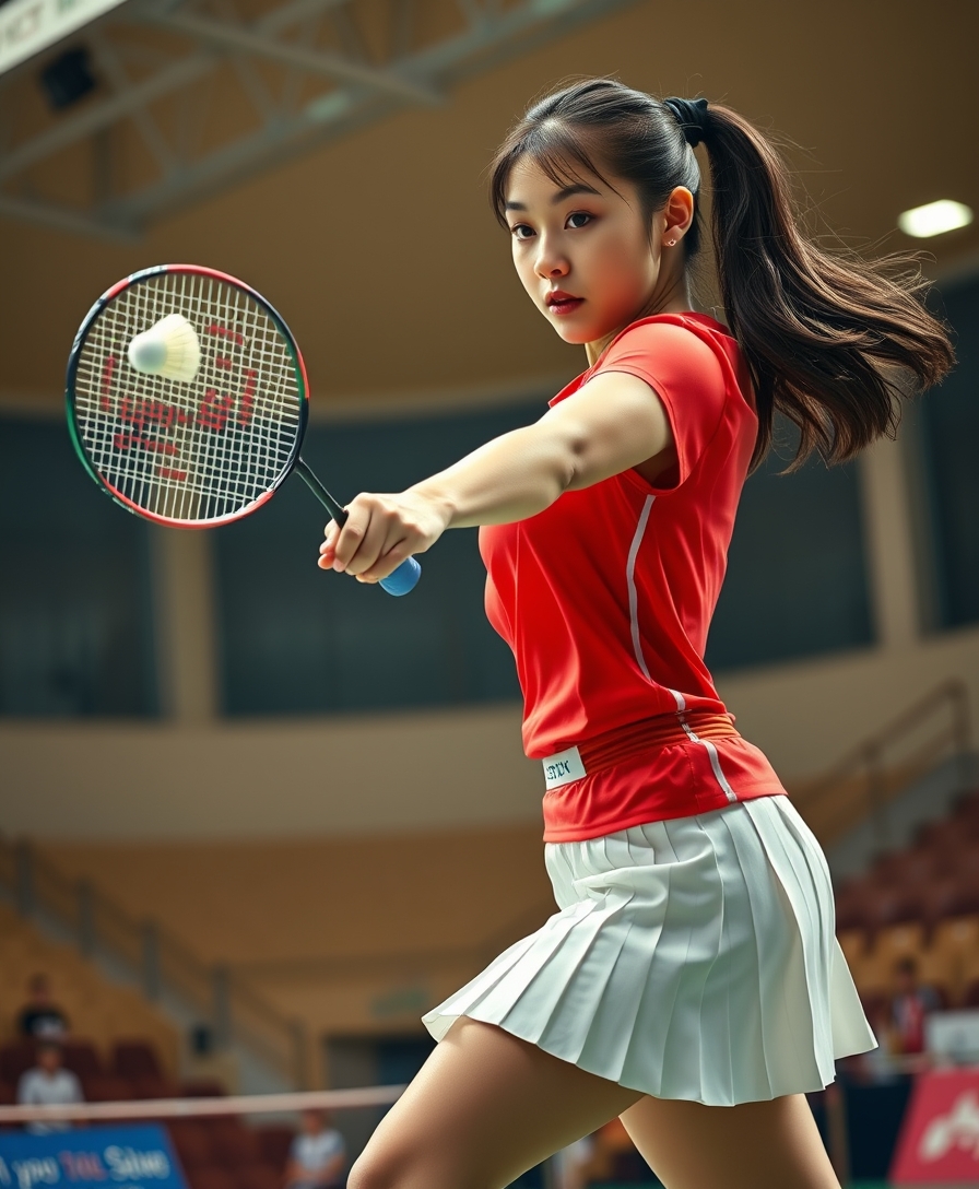 A detailed, realistic portrait of a young woman playing badminton in an indoor sports arena. The woman is wearing a bright red jersey and is mid-swing, her body in a dynamic, athletic pose as she focuses intently on the shuttlecock. The background is blurred, with glimpses of the court, net, and spectator stands visible. The lighting is natural and directional, creating shadows and highlights that accentuate the woman's features and muscular definition. The overall composition conveys a sense of energy, movement, and the intensity of the game. The image is highly detailed, with a photorealistic quality that captures the textures of the woman's clothing, skin, and the badminton equipment. A woman with a beautiful face like a Japanese idol, she is wearing a white pleated skirt. Badminton rackets and shuttlecocks with dynamic swings and motion blur. Depiction of the human body with a flawless personality.