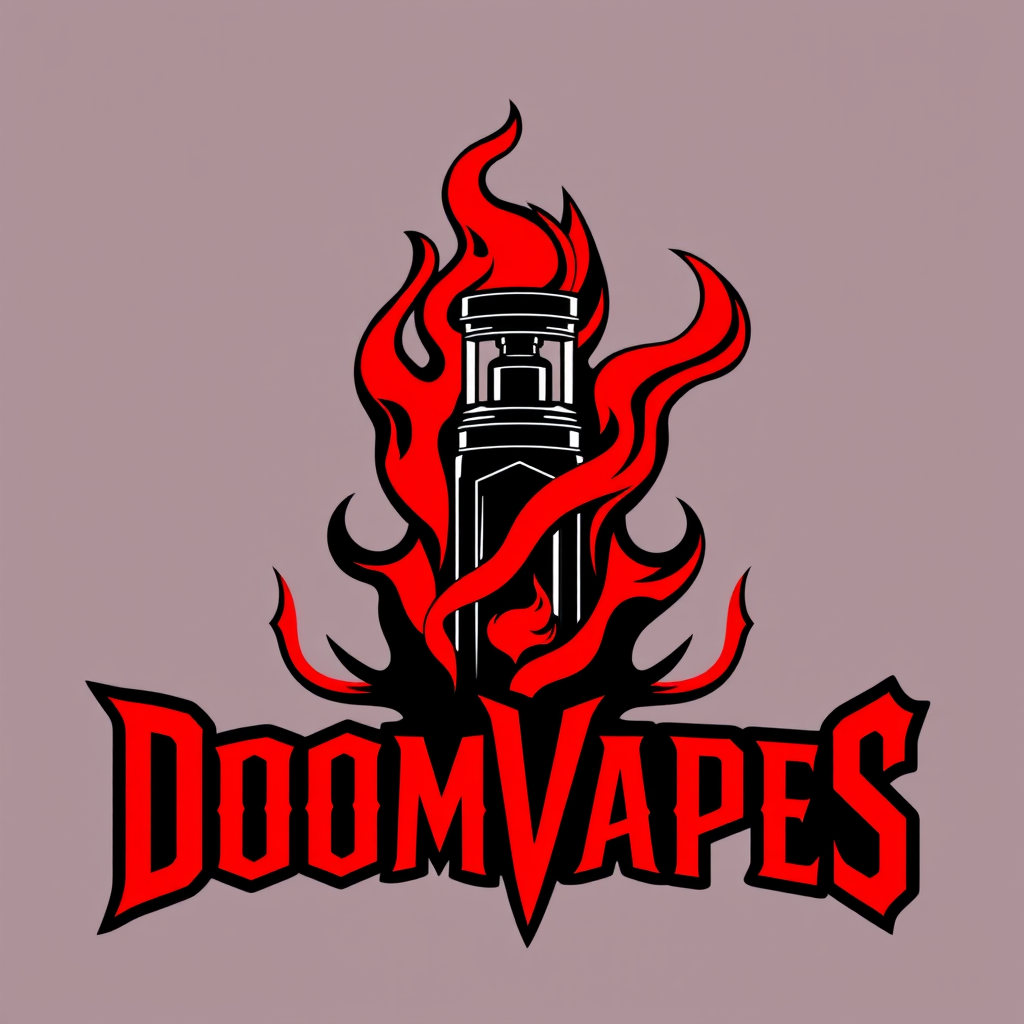 Sleek, minimalist logo for DoomVapes featuring a stylized vape tank engulfed in ethereal, crimson flames. Infernal typography with sharp, angular serifs. Monochromatic color scheme: deep black and blood red. Balanced composition with negative space suggesting smoke tendrils. Evokes a sense of rebellious, edgy sophistication. - Image